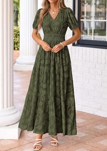 KIRUNDO Summer Dresses for Women 2026 Boho Flowy Casual Short Sleeve V Neck Elastic Waist Floral Long Baby Shower Maxi Dress(Army Green, Large) - Thumbnail 6