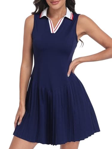 FREEYE Women's 2 Piece Sleeveless Tennis Dress with Shorts V-Neck Pleated Athletic Outfits for Pickleball Golf Casual Wear Navy Blue XL - Thumbnail 2