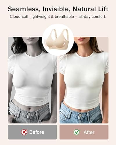 leviace Wireless Jelly Bras for Women with Support - Anti-Slip Wide Straps Push Up Full Coverage Plunge Seamless Padded T-Shirt Bralette No Underwire Soft Invisible Back Smoothing Sleep Bra, Nude, XL - Thumbnail 5