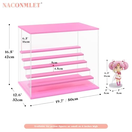 Naconmlet Pink Wood Base Acrylic Display Case for Collectibles, 6-Tier Clear Display Box with Steps for Funko Pop & Action Figures, Dustproof Showcase Organizer, 19.7x12.6x16.5 Inches - Thumbnail 3