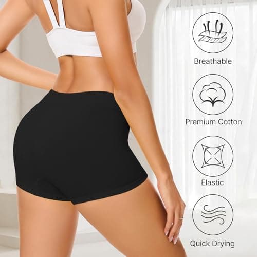 Migbean Cotton Panties for Women Boyshorts Underwear Mid Waisted Underpants Soft Breathable Stretch Boxer Shorts 4 pack Black - Thumbnail 6