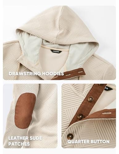 JMIERR Mens Early Fall Fashion Hoodies Casual Cotton Hooded Collar Drawstring Textured Long Sleeve Half Button Pullover Sweatshirts, XL, Beige - Thumbnail 6