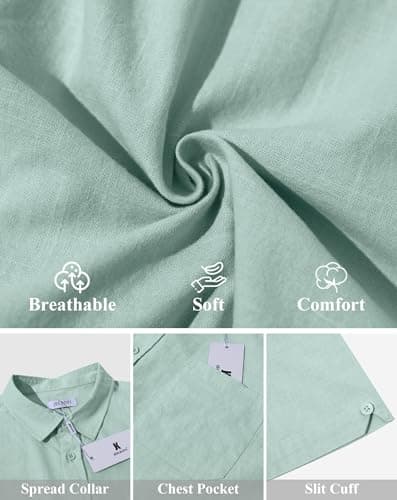 JEKAOYI Button Down Linen Shirts for Men Short Sleeves Cotton Casual Shirt with Pockets for Summer Beach Mint Blue - Thumbnail 5