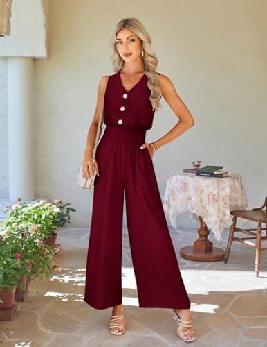 LOOKBOHO Womens Trendy Jumpsuit Dressy Casual Rompers Summer Sleeveless V Neck Elastic Waist Wide Leg Pants 2026(WR,S) - Thumbnail 5