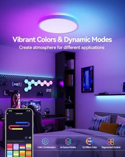 12 Inch Smart Ceiling Light, RGB+IC LED Flush Mount Light Fixture, 2400LM Dimmable, APP & Remote Control, 2700K-6500K DIY Color Ceiling Light for Bedroom Living Room, Works with Alexa & Google Home - Thumbnail 4