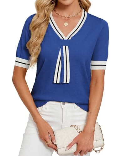 Libsorge Womens Lightweight Cute Bow Tie Sweater Spring Summer 2026 Trendy Dressy Business Casual Outfits Sexy V Neck Thin Short Sleeve Color Block Striped T Shirt Tops Royal Blue M - Image 1