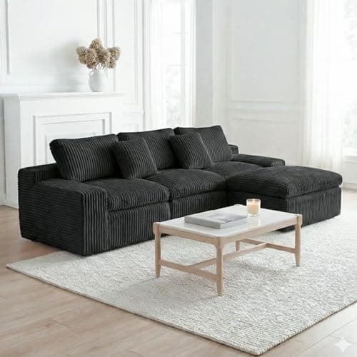 HipyMo 105” L-Shaped Cloud Sectional Couches for Living Room, 3 Seater Modular Sectional Sofa with Ottoman, Boneless Couch with Deep Seats and Comfy Corduroy Cloud Sofa for Apartment, Black - Image 1