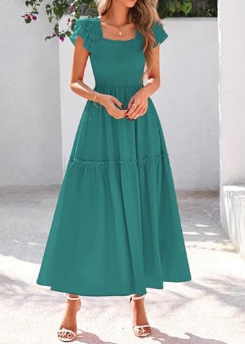 KIRUNDO Smocked Summer Dresses for Women 2026 Wedding Guest Midi Flowy Ruffle Short Sleeve Square Neck Tiered Sundress(Blue Green, X-Large) - Thumbnail 6