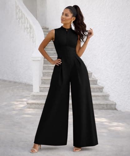 knowfashionstyle Jumpsuits For Women Dressy Sleeveless Zip Up Wide Leg Jumpsuit Date Night Rompers Formal Party Outfits Black S - Thumbnail 5