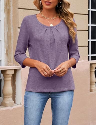 JUSTFASHIONNOW Womens 3/4 Length Sleeve Tops Crewneck Pleated T-Shirts Dressy Casual Tunic Basic Business Blouses(RoseTaupe Large) - Thumbnail 5