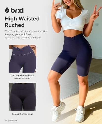BRXL Workout Shorts Women 8" No Front Seam High Waist Yoga Gym Biker Shorts Tummy Control with Inner Pocket Navy Blue - Thumbnail 3