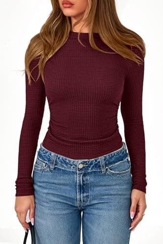 PRETTYGARDEN Womens Tops 2026 Spring Long Sleeve Fitted T Shirts Waffle Ruched Crop Shirt Basic Knit Workout Y2k Clothes(Dark Wine Red,X-Small) - Thumbnail 4