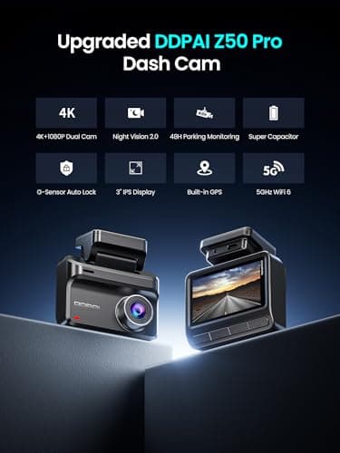 DDPAI Dash Cam Front and Rear, 4K+1080P Car On-Dash Mounted Cameras, Dashcam Included 64GB Card, Built-in 5G WiFi 6, GPS, 3'' IPS, AI ISP Night Vision, 48H Parking Mode, Loop Recording, ADAS, Z50 Pro - Thumbnail 2
