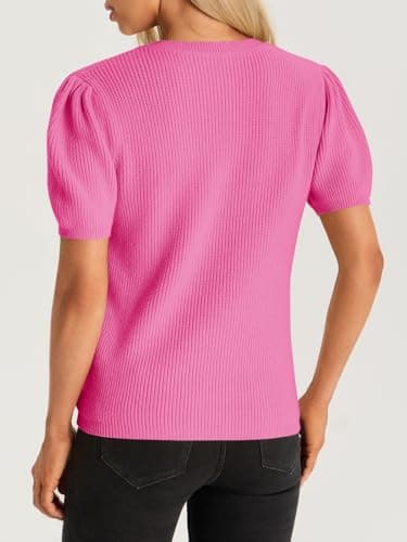 Cicy Bell Womens Puff Short Sleeve Sweater Tops Cable Knit Crew Neck 2026 Spring Shirts Lightweight Dressy Casual Sweaters Rose Red - Thumbnail 5