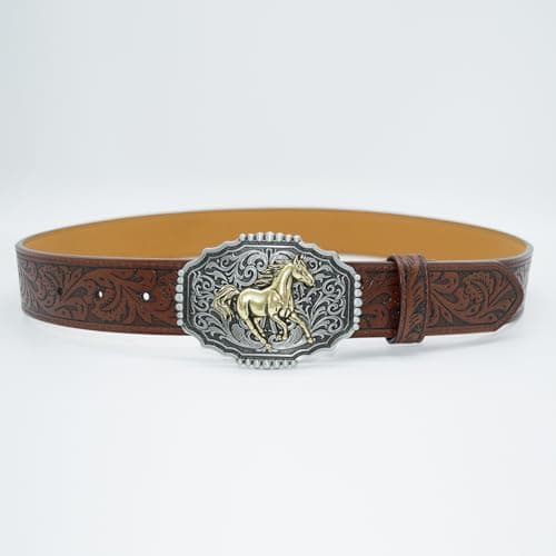 EONTISO Western Belt for Women Cowgirl Cowboy PU Leather Belts for Jeans, Floral Embossed Vintage Buckle, HorseBrown L - Thumbnail 4