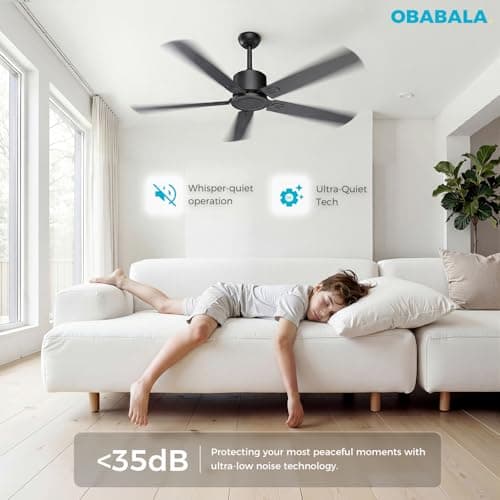 Obabala Outdoor Ceiling Fan No Light, 52'' Black Ceiling Fan with Remote, Noiseless, Reversible, 5 Blades for Patio/Living Room/Bedroom - Thumbnail 2