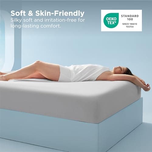 Bedsure Cooling Fitted Sheet Queen Size for Hot Sleeper, Queen Fitted Sheet Only with 360° Elastic Corner Straps, Q-Max 0.4, Temperature Regulation Bedding for Night Sweats, Up to 16" Deep, Grey - Thumbnail 5