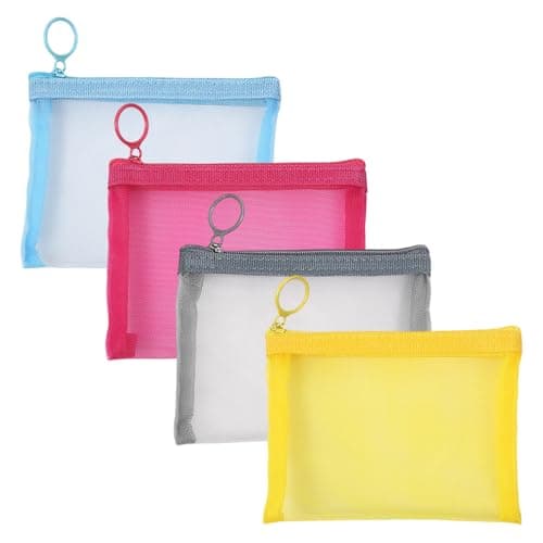 AOzT 4pcs Mini Mesh Makeup Bags - Small Zipper Mesh Makeup Bags Portable Cosmetic Pouch for Woman Purse Lipstick Keys Essentials Items Earphone Bank Cards Gray Pink Blue Yellow - Image 1