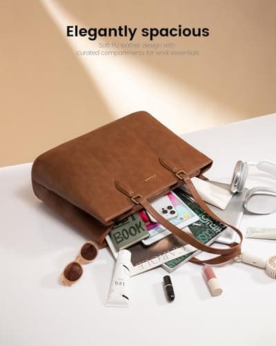 LOVEVOOK Laptop Tote Bag for Women, 15.6 Inch Vintage PU Leather Work Bag with Wristlet, Professional Computer Briefcase for Teacher,Office, Daily (Brown) - Thumbnail 6