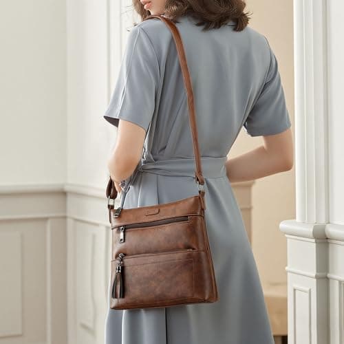 Kiss Sea Crossbody Bags for Women Leather Travel Crossbody Purse with Tassel and Adjustable Strap Coffee - Thumbnail 3