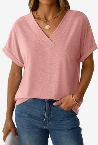 GKBK Womens Short Sleeve T Shirts V Neck Loose Fit Shirts Summer Casual Basic Tee Tops Rose XXL - Thumbnail 5