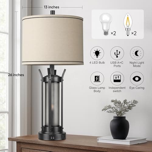 QiMH Farmhouse Table Lamps for Living Room, Beside Lamps for Bedroom with USB A+C Charging Ports, Rustic Nightstand Lamp Set of 2 with Frosted Glass Night Light, 4 Bulbs Included (Black) - Thumbnail 4
