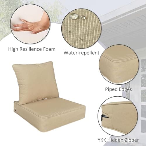 Localive 22x24 inch Outdoor Deep Seat Patio Cushions Set of 2,Water-Resistant Deep Seat Bottom Resilient Foam Filling with YKK Hidden Zipper for Patio Furniture,Beige - Thumbnail 4