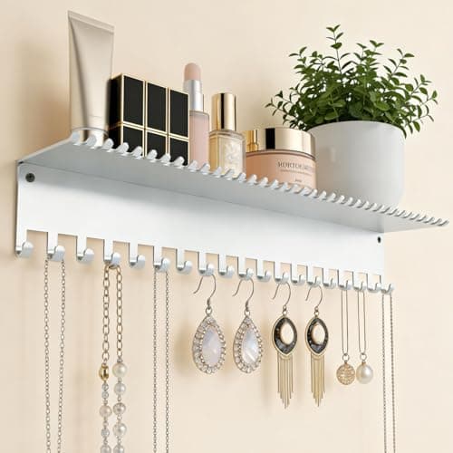 Conwithna Necklace Jewelry Holder Wall Hanging Organizer Hangers Storage Mounted Shelf with 56 Hooks Tray Display Girls Women Metal Door Earring Mount Key Chains Rack White - Image 1