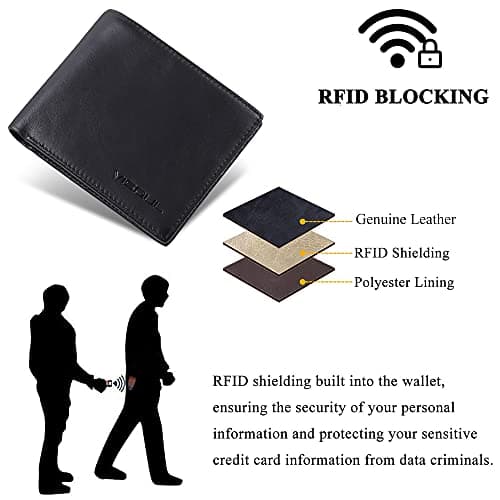 VISOUL Mens Bifold Wallet with 2 ID Windows and 2 Money Compartments, Genuine Leather Designer Wallet with RFID Blocking for Men Two Tone (Black and Burgundy) - Thumbnail 5