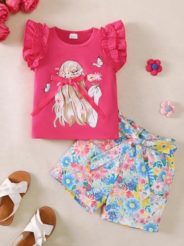 AMAWMW Girls 2 Piece Outfit Summer Clothes Ruffle Sleeve Shirts Top Paperbag Waist Shorts With Pockets Kids Clothing Set, Hot Pink, 11-12 Years - Thumbnail 6