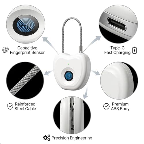 Bstsilver Fingerprint Padlock, Larger Sensor & 6.2" Flexible Cable, 20-User Biometric Lock wtih Emergency USB Key & Code for Gym Locker, Luggage, Backpack, Toolbox, Cabinet, Suitcase, School, Travel - Thumbnail 5