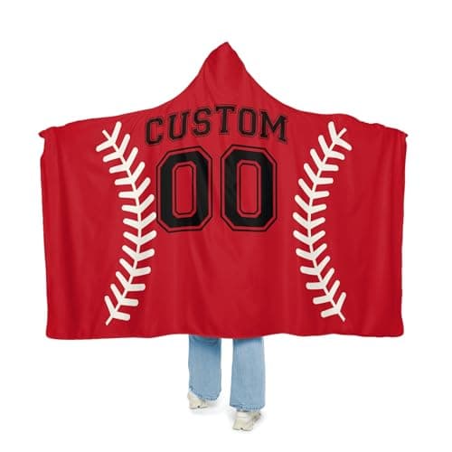 ROSLILY Personalized Baseball Hooded Blanket Game Day Custom Hooded Fleece Blanket with Name Softball Wearable Throw Blanket University Team Blanket Gift for Sports Fans Kids Adult Graduation, Red