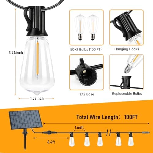 CRLIVOING Solar String Lights Outdoor Waterproof, 100FT Solar Powered Outdoor Lights with Remote, 52 Shatterproof with Edison Bulbs, LED String SolarLights for Garden, Backyard, Parties - Thumbnail 4