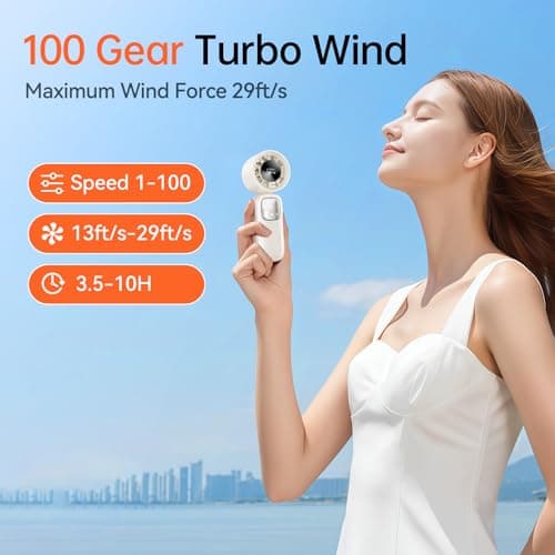 KIMMOO 3-in-1 Portable Handheld Turbo Fan-100 Speeds, 15000 RPM, 10Hrs Cooling, LED Display, 90° Rotation, Travel Fan, Mini Foldable Hand Held Personal Fan for Women Men (white) - Thumbnail 3