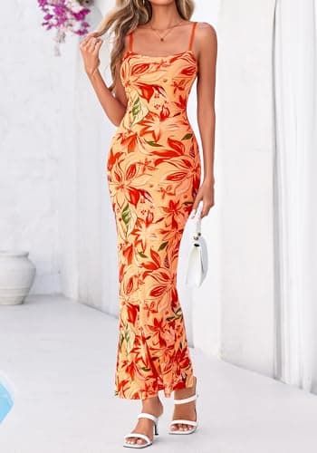 BTFBM Womens Maxi Dress 2026 Spring Floral Sexy Spaghetti Straps Sleeveless Bodycon Summer Beach Wedding Guest Dresses(Floral Yellow Red, Medium) - Thumbnail 5