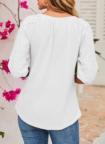 Dokotoo Summer Tops for Women 2026 Casual Tassel Tie V-Neck 3/4 Puff Sleeve Tops for Women Trendy Embroidered Hollow Out Sleeve Waffle Knit White Shirt Womens Resort Wear Summer Outfits X-Large - Thumbnail 2