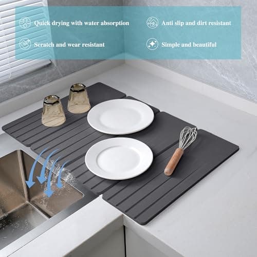 Extral Large Quick Dry Stone Drying Mat for Kitchen Counter,28x16 Inch Collapsible Eco-Friendly Absorbent Diatomaceous Earth Mat for Dishes Cups (Deep Gray-Upgraded Version, 16x12 inch) - Thumbnail 3