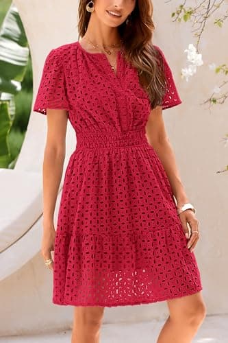 PRETTYGARDEN Womens 2025 Summer Short Dress V Neck Short Sleeve A Line Hollow Out Lace Ruffle Cute Casual Beach Party Dresses (Red,Medium) - Thumbnail 6