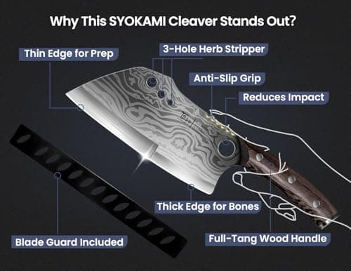 SYOKAMI Meat Cleaver Chef Knife with Sheath, 7.7 Inch Butcher Knife with Herb Stripper, Chopping Knife Heavy Duty Bone Cutting, Damascus Pattern Full Tang Wood Handle, Birthday Gift for Men - Thumbnail 2