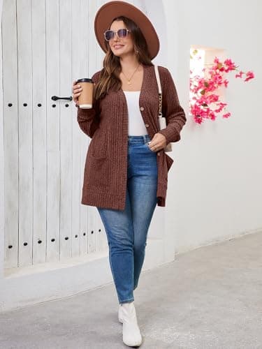 AusLook Plus Size Women Long Sleeve Cardigan Dark Coffe 3X Open Front Button Down Lightweight Casual Sweater Cover Ups Shrugs Shawls and Wraps Kimono Jacket Coat with Pockets - Thumbnail 4