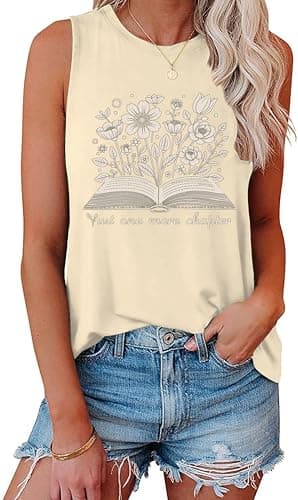 Graphic Tank Tops for Women Floral Print Loose Fit Tanks Vest Vacation Racerback Casual Book Lover Vintage Tee Top Apricot S - Image 1