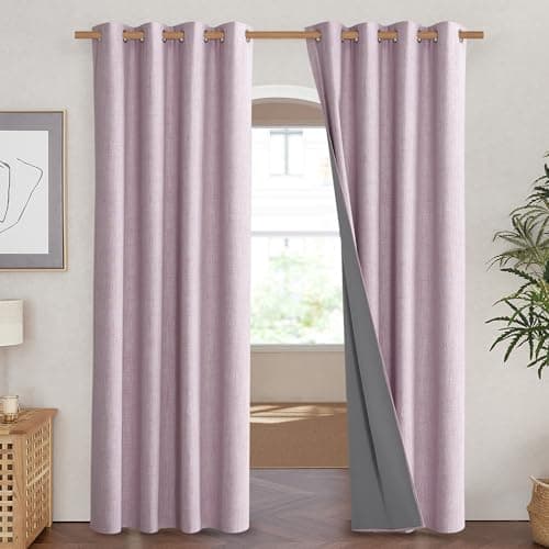 NICETOWN Pink Vintage Linen 100% Blackout Curtains for Living Room, Thermal Insulated Curtains 90" Long, Noise Reducing Window Treatment Drapes for Home Cinema, 52" Wide Per Panel, Set of 2 - Thumbnail 2