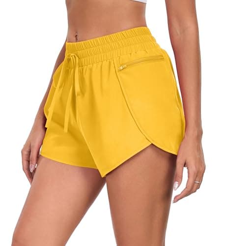 PrinStory Womens Athletic Shorts High Waisted Running Quick Dry Gym Workout Shorts with Zipper Pockets Golden Yellow-L-FBA - Thumbnail 2