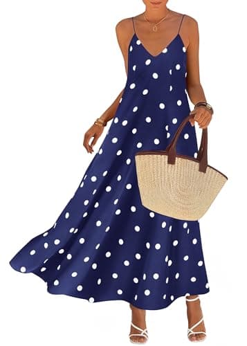 KIRUNDO Polka Dot Dress for Women Summer 2026 Sleeveless Spaghetti Strap Beach Vacation Cruise Boho Long Flowy Maxi Dresses(Navy, Small) - Image 1