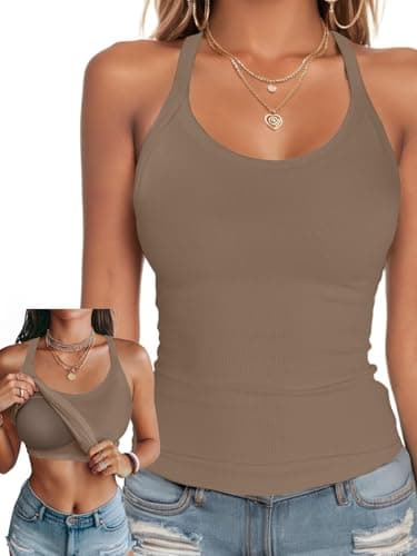 Ninee Womens Tank Tops with Built in Bra Summer Adjustable Spaghetti Straps Camisole Ribbed Cami Tanks (Coffee,Medium) - Image 1