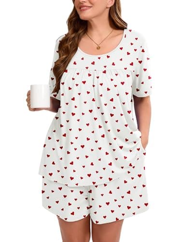 AusLook Women's Plus Size Pajama Sets Short Sleeve Top and Shorts Scattered Heart Pattern 3X Casual Comfy Soft Ladies Short Pajamas Set Loungwear Sleepwear Pjs Set 2 Piece Lounge Set with Pockets - Image 1