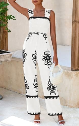 PRETTYGARDEN Womens Jumpsuit Casual One Piece Boho Summer Outfits Shirred Strap Wide Leg Long Pants Rompers With Pockets (White Black Flower, Small) - Thumbnail 5