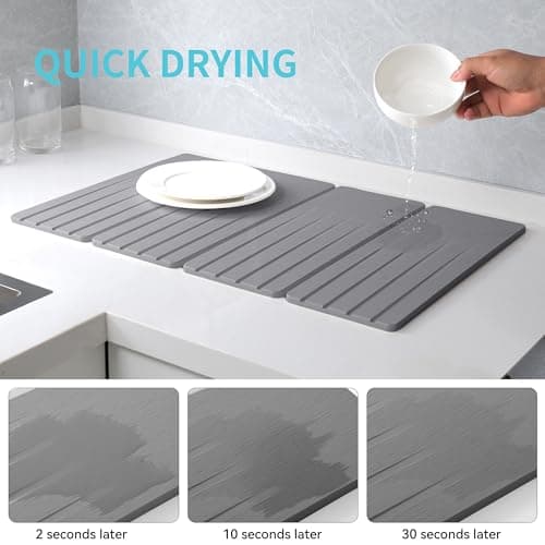 Extral Large Quick Dry Stone Drying Mat for Kitchen Counter,28x16 Inch Collapsible Eco-Friendly Absorbent Diatomaceous Earth Mat for Dishes Cups (Medium Gray-Upgraded Version, 16x12 inch) - Thumbnail 2