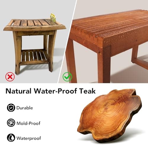 RUIERS Premium Teak Shower Bench 23.6” – Heavy Duty 500 lbs, Waterproof Solid Wood Bath Stool for Elderly, Spa, Bathroom & Multi-Purpose Use - Thumbnail 4