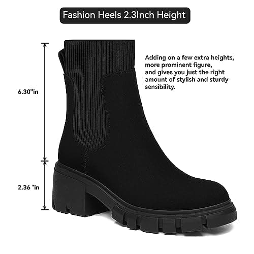 Athlefit Women's Black Chelsea Boots Fall Platform Ankle Boots Slip on Chunky Lug Sole Boots - Thumbnail 5